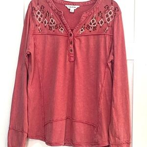 Lucky & Coco Brand Rose Embroidered Henley Long-Sleeve Top
